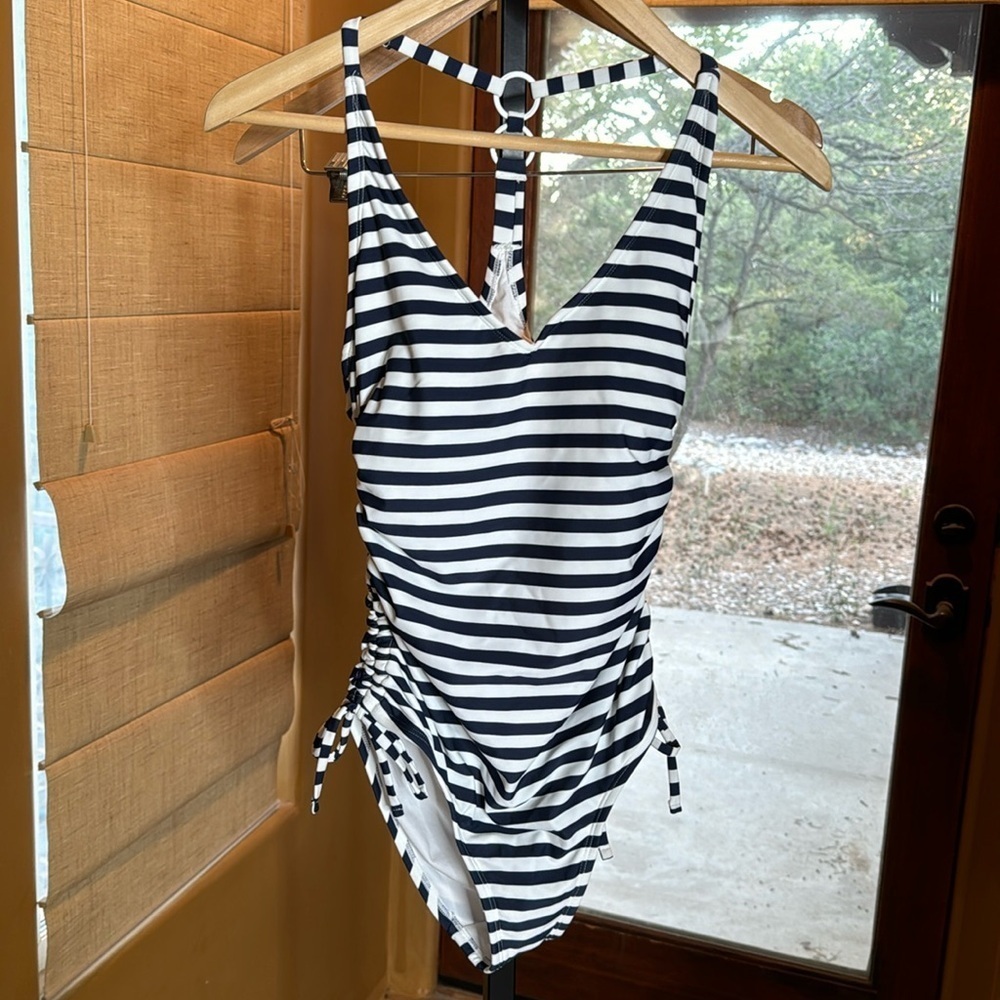 NWOT Kona Sol Swim Suit High Coverage One Piece Navy Blue Stripes Size Small